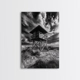 Lifeguard Tower Drama, Windy Beach Sky, Ocean Landscape, Canvas Print, Coastal Wall Art, Moody Surreal Decor, Living Room Statement Art