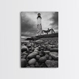 Lighthouse Shore Rocks, Coastal Beacon, Moody Clouds, Framed Canvas Print, Nautical Wall Art, Rustic Beach House Decor, Fall Storm Style