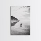 Lone Loon, Quiet Reflection, Coastal Bird, Framed Canvas Print, Nature Wall Art, Bathroom Decor, Serene Black and White Art