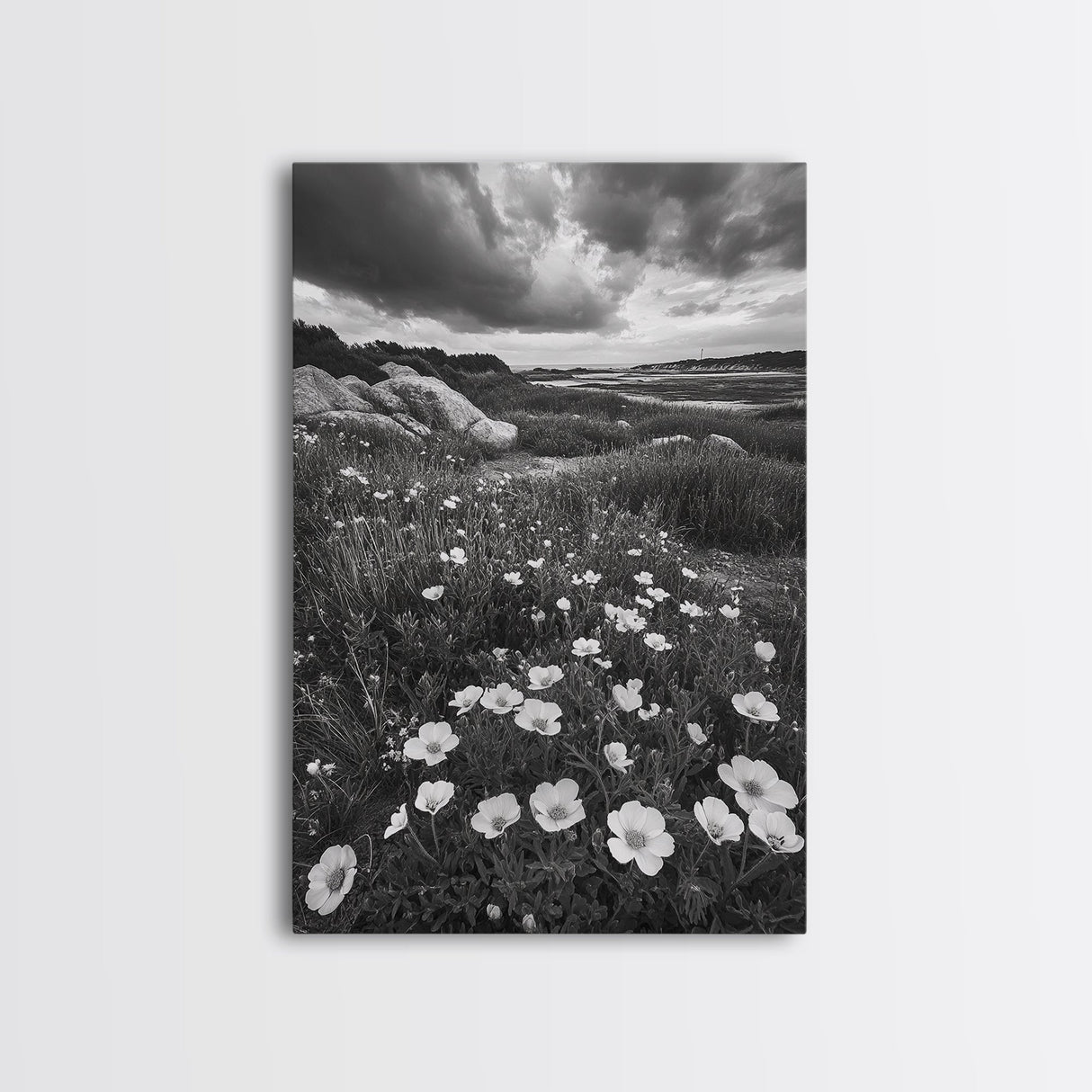 Meadow Bloom, Coastal Flowers, Stormy Sky, Framed Canvas Print, Spring Wall Art, Nature Photography, Kitchen Botanical Decor