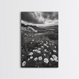 Meadow Bloom, Coastal Flowers, Stormy Sky, Framed Canvas Print, Spring Wall Art, Nature Photography, Kitchen Botanical Decor