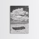 Beach Umbrella, Sunny Escape, Coastal Cloudscape, Framed Canvas Print, Summer Vibe Wall Art, Outdoor Living Decor, Travel Mood