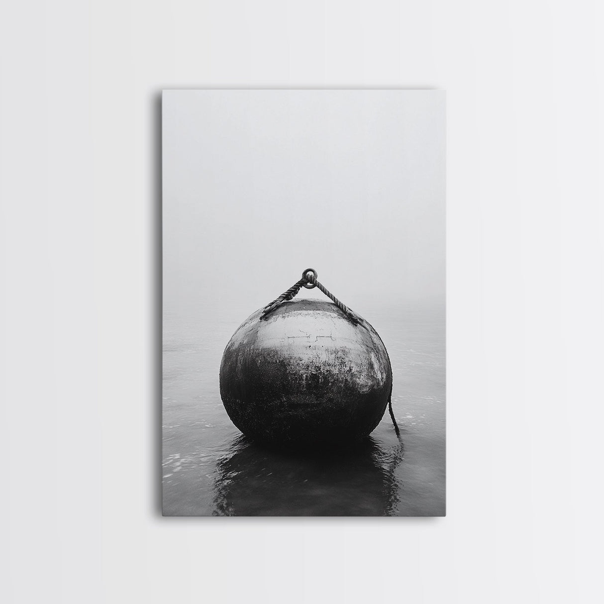 Buoy Stillness, Ocean Fog, Minimal Water, Framed Canvas Print, Nautical Wall Art, Bathroom Decor, Calm Coastal Black and White Art