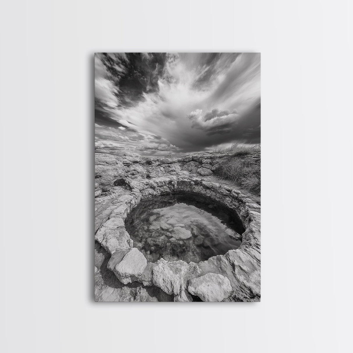 Natural Stone Pool, Sky Reflections, Framed Canvas Print, Bathroom Wall Art, Earthy Neutral Decor, Minimalist Landscape