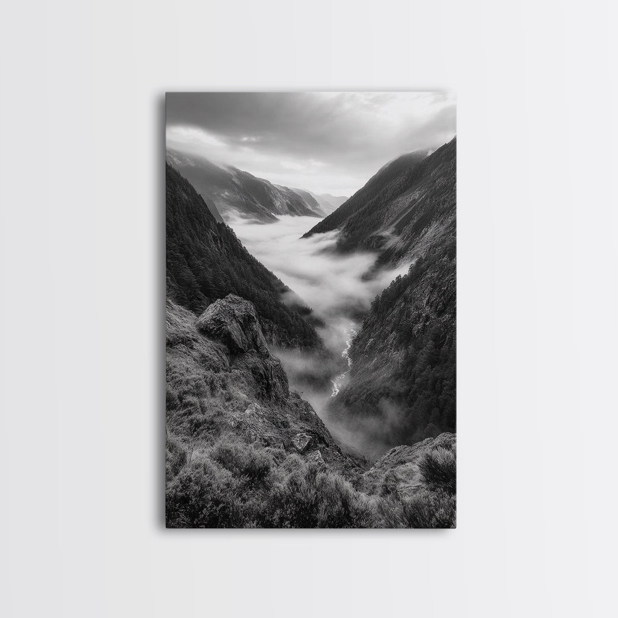 Foggy Mountain Valley, Nature Escape, Serene Wall Art, Framed Canvas Print, Adventure Photography, Cabin Autumn Decor
