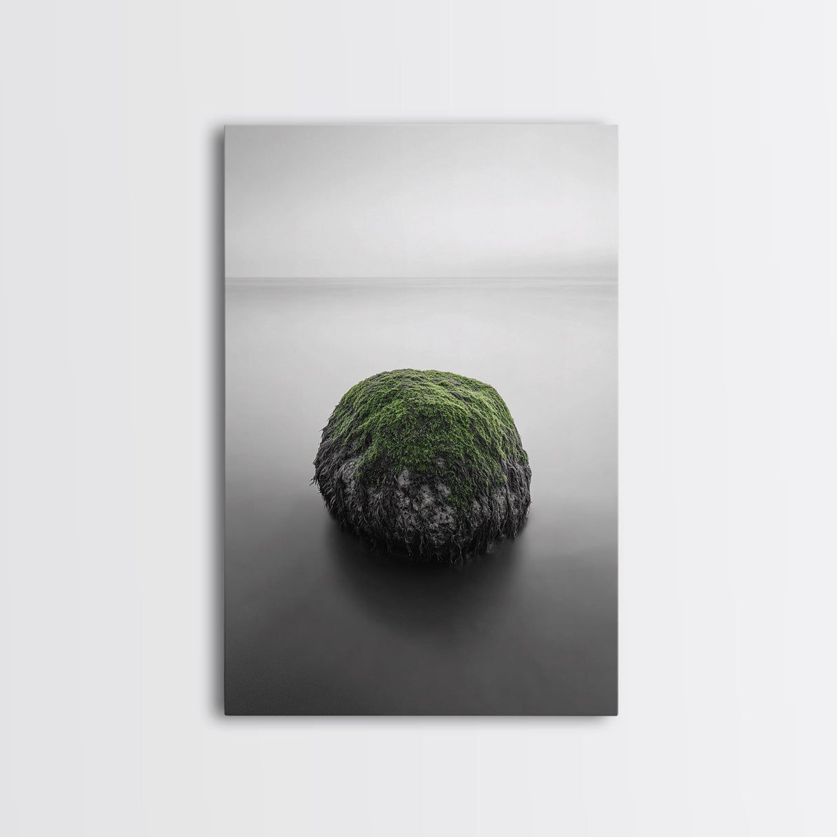 Moss Rock Minimal, Green Accent Art, Coastal Zen Decor, Framed Canvas Print, Modern Neutral Room, Nature Wall Aesthetic