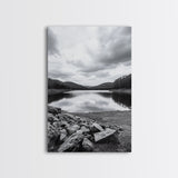 Misty Lake View, Peaceful Reflections, Nature Tranquility, Framed Canvas Print, Bedroom Wall Art, Black and White Landscape, Minimalist Art