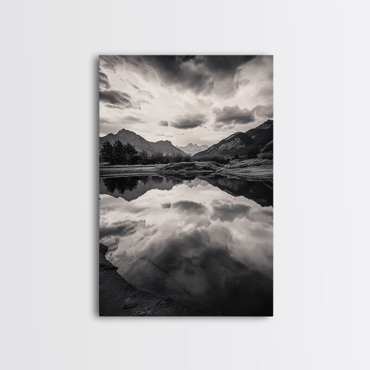 Alpine Reflections, Dramatic Skies, Mountain Serenity, Canvas Print, Living Room Wall Art, Moody Landscape Photography, Monochrome Decor