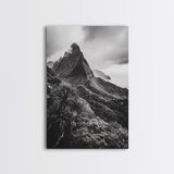 Lush Mountain Range, Cloud Covered Peaks, Jungle Tranquility, Framed Canvas Print, Entryway Wall Art, Black and White Nature, Boho Wall Art