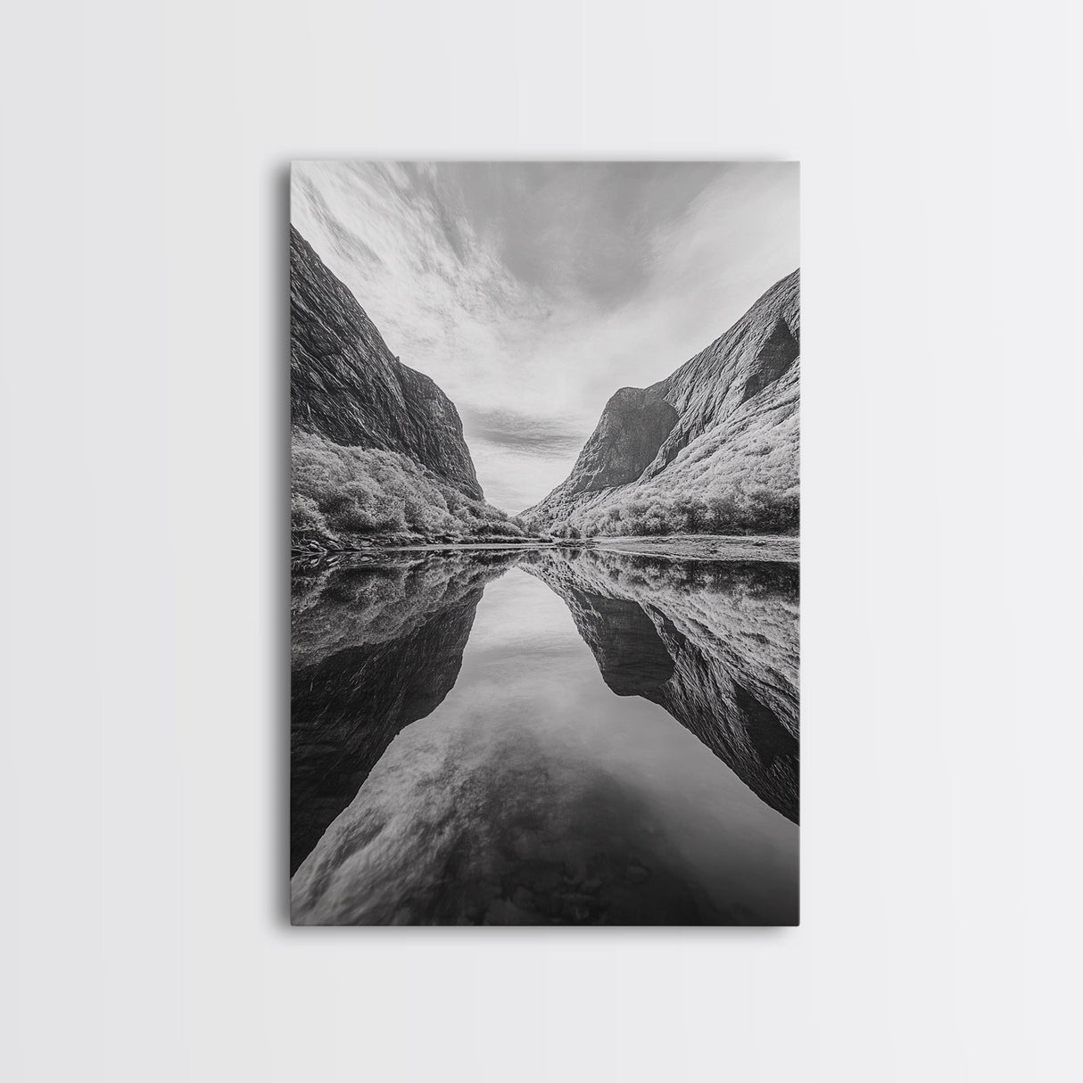Fjord Reflection, Mountain Valley Calm, Mirror Lake, Canvas Print, Hallway Wall Art, Scandinavian Style Art, Black and White Minimalist