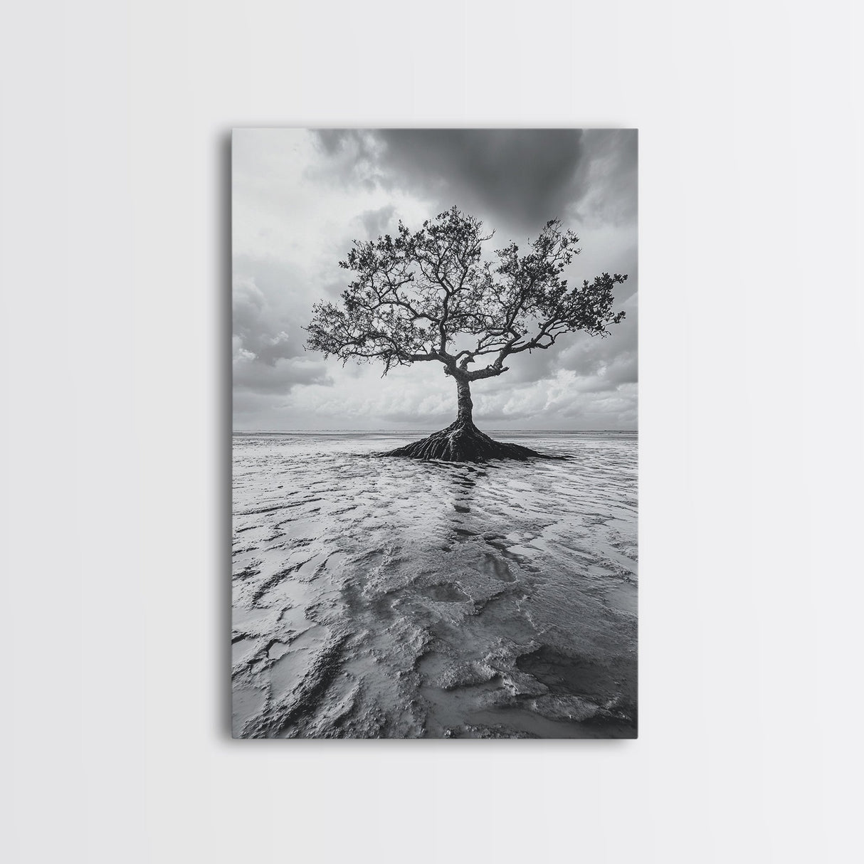 Lonely Tree, Coastal Roots, Ocean Breeze, Framed Canvas Print, Entryway Wall Art, Moody Nature Photography, Minimalist Earth Tones