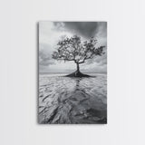 Lonely Tree, Coastal Roots, Ocean Breeze, Framed Canvas Print, Entryway Wall Art, Moody Nature Photography, Minimalist Earth Tones