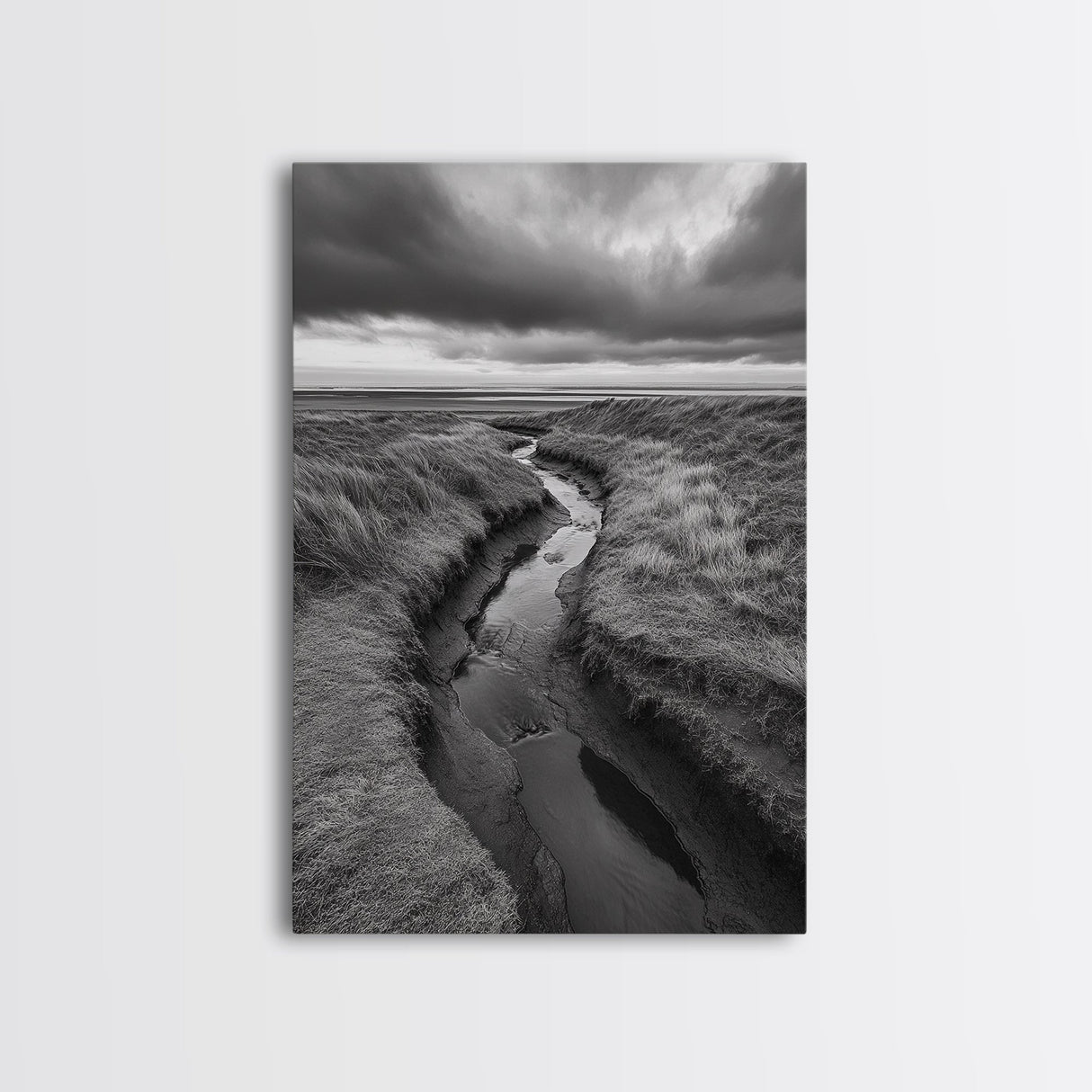 Winding Stream, Grassy Dunes, Ocean Horizon, Canvas Print, Kitchen Wall Art, Black and White Nature Scene, Coastal Rustic Decor