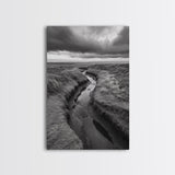 Winding Stream, Grassy Dunes, Ocean Horizon, Canvas Print, Kitchen Wall Art, Black and White Nature Scene, Coastal Rustic Decor
