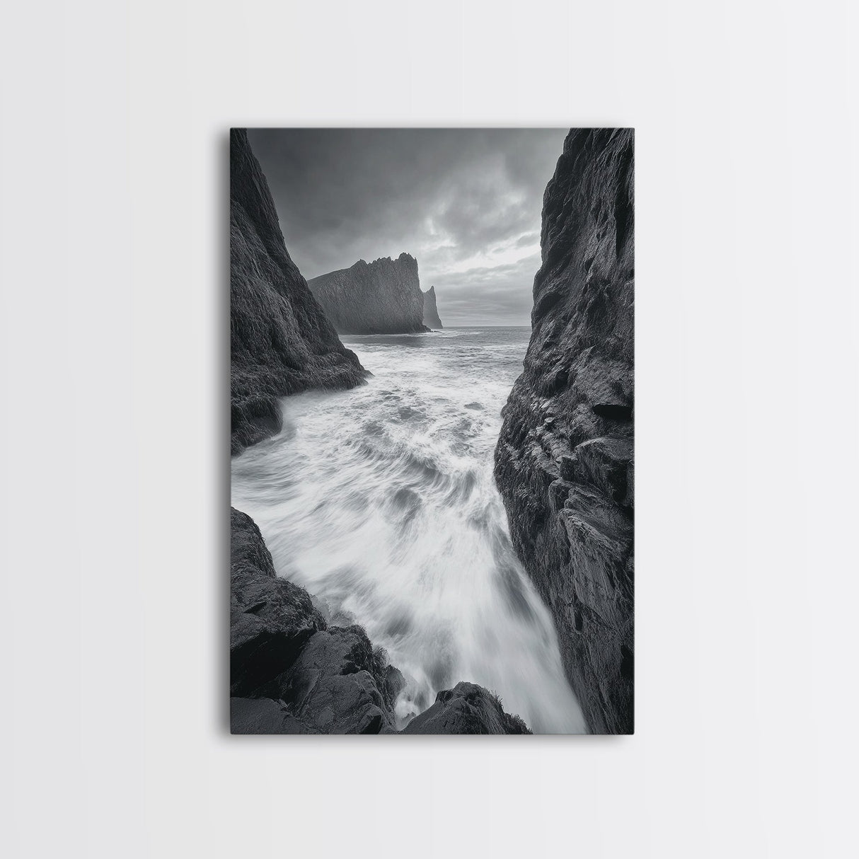 Stormy Coast, Crashing Waves, Ocean Drama, Framed Canvas Print, Living Room Wall Art, Bold Seascape Photography, Monochrome Modern Art