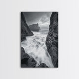 Stormy Coast, Crashing Waves, Ocean Drama, Framed Canvas Print, Living Room Wall Art, Bold Seascape Photography, Monochrome Modern Art