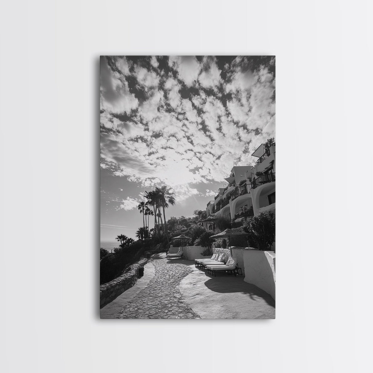 Mediterranean Villa, Palm Tree Art, Coastal Pathway, Framed Canvas Print, Living Room Decor, Summer Wall Art, Black and White Photography