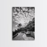 Mediterranean Villa, Palm Tree Art, Coastal Pathway, Framed Canvas Print, Living Room Decor, Summer Wall Art, Black and White Photography