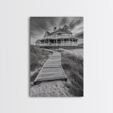 Beach House, Boardwalk Path, Coastal Architecture, Framed Canvas Print, Hallway Wall Art, Neutral Tones, Minimalist Coastal Style
