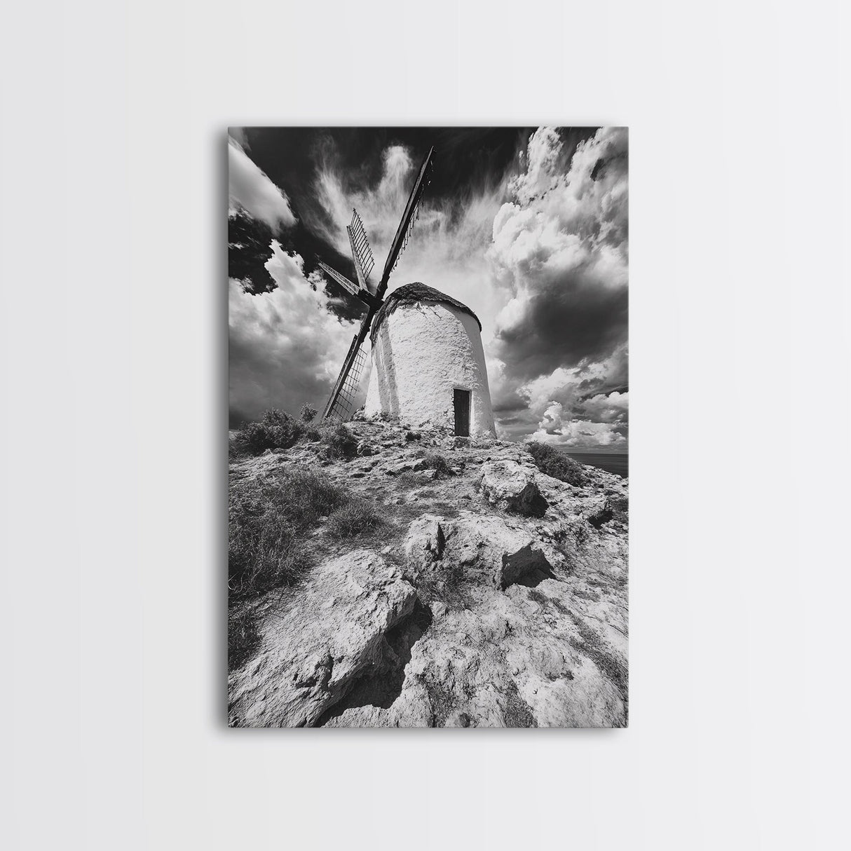 Windmill Hill, Dramatic Sky Art, European Landscape, Framed Canvas Print, Entryway Wall Art, Rustic Decor, Monochrome Photography
