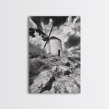 Windmill Hill, Dramatic Sky Art, European Landscape, Framed Canvas Print, Entryway Wall Art, Rustic Decor, Monochrome Photography