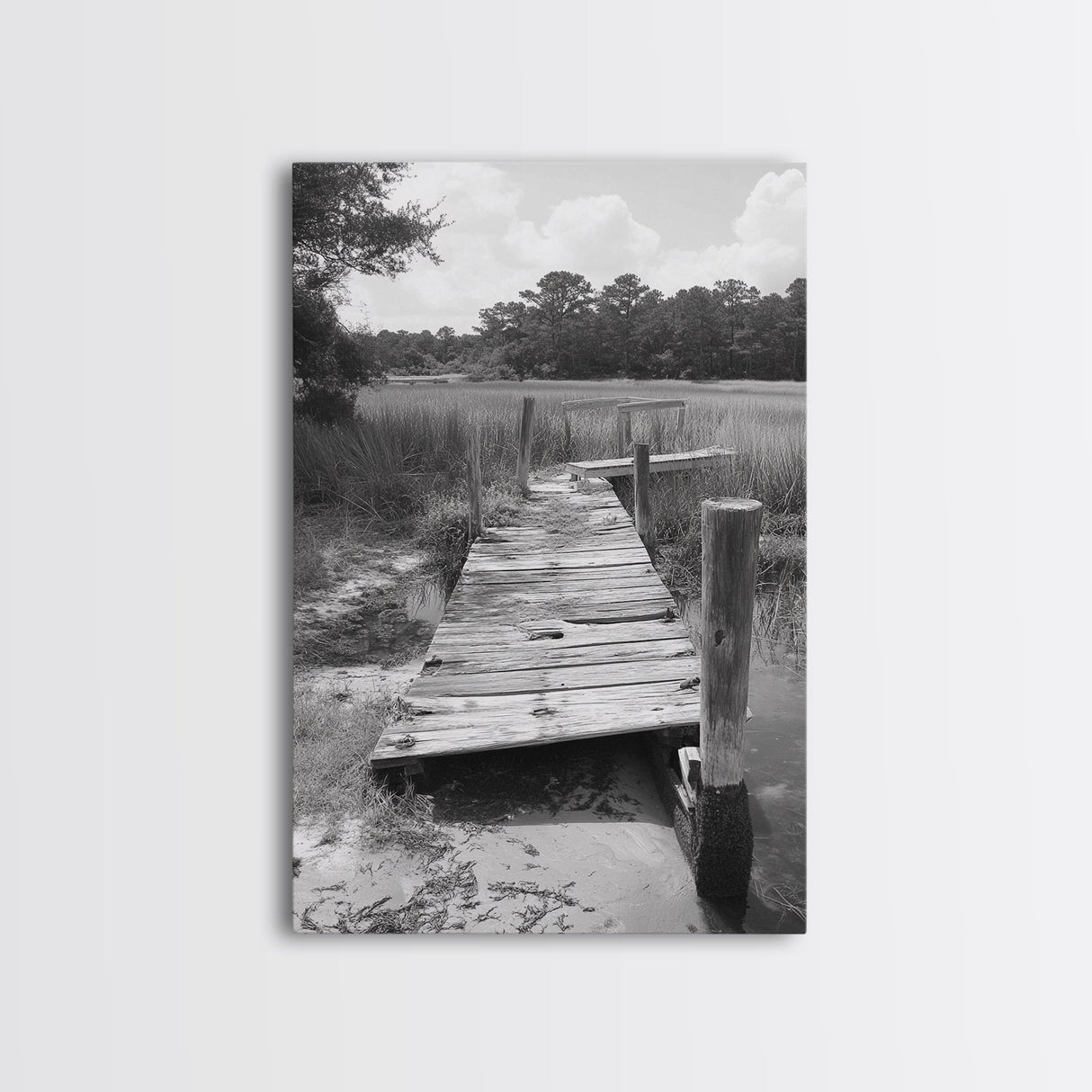 Marsh Dock, Southern Nature, Weathered Pier, Framed Canvas Print, Guest Room Wall Art, Rural Landscape, Fall Wall Art, Country Style