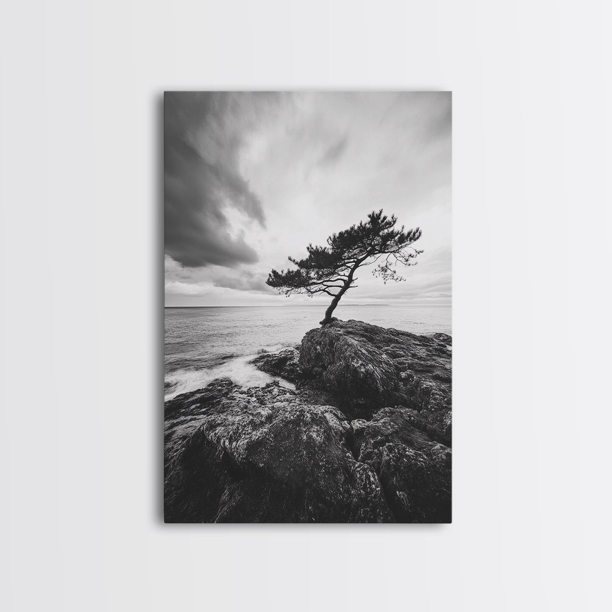 Lone Tree, Cliffside Ocean, Windy Coast Art, Framed Canvas Print, Bedroom Wall Art, Modern Nature Photography, Coastal Minimalist Decor