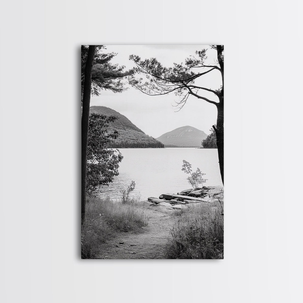 Forest Lake, Mountain View, Peaceful Trail, Framed Canvas Print, Cabin Decor, Fall Landscape, Living Room Art, Tranquil Nature Print