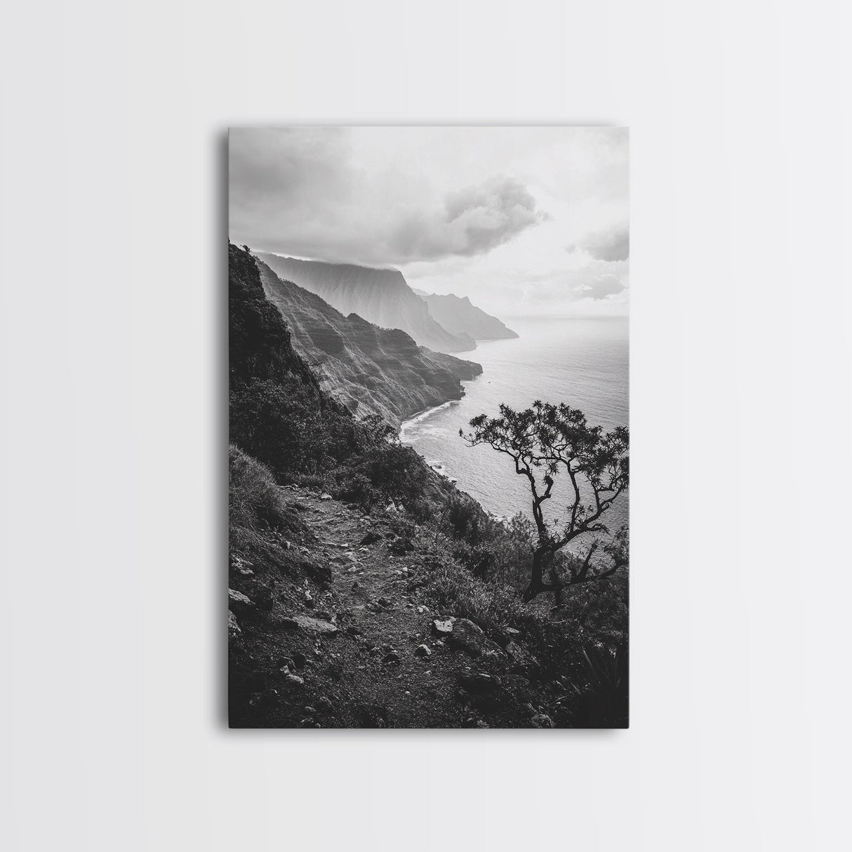 Coastal Cliff, Ocean Horizon, Hiking Trail, Framed Canvas Print, Nature Photography, Boho Wall Art, Living Room Decor, Minimalist Earth Tones