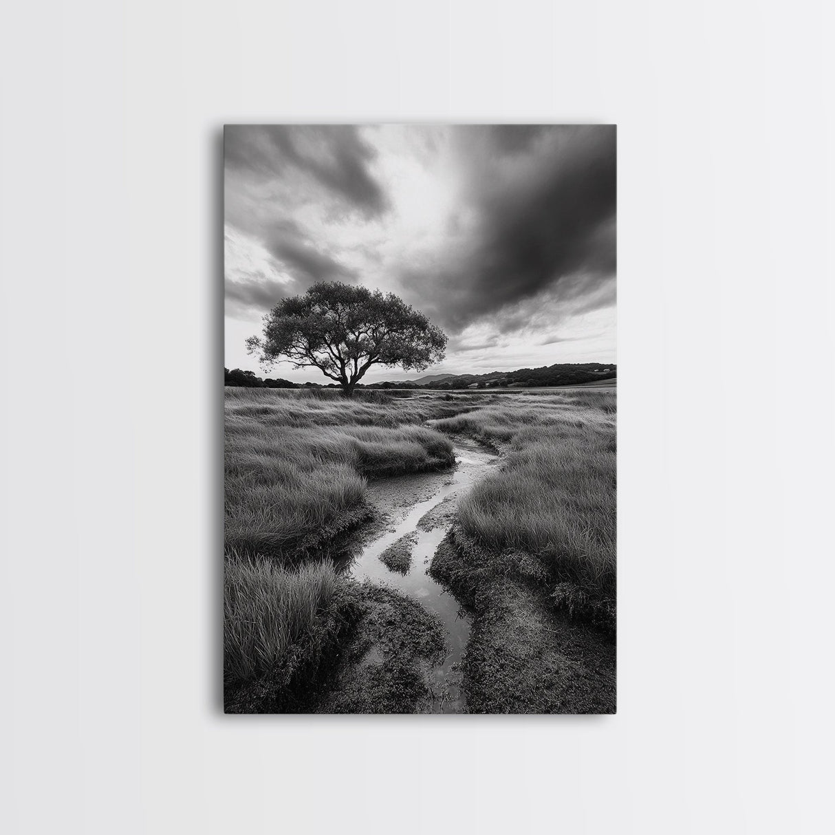 Solitary Tree, Storm Sky, Tranquil Meadow, Nature Landscape, Framed Canvas Print, Rustic Decor, Fall Wall Art, Bedroom Minimalist Art