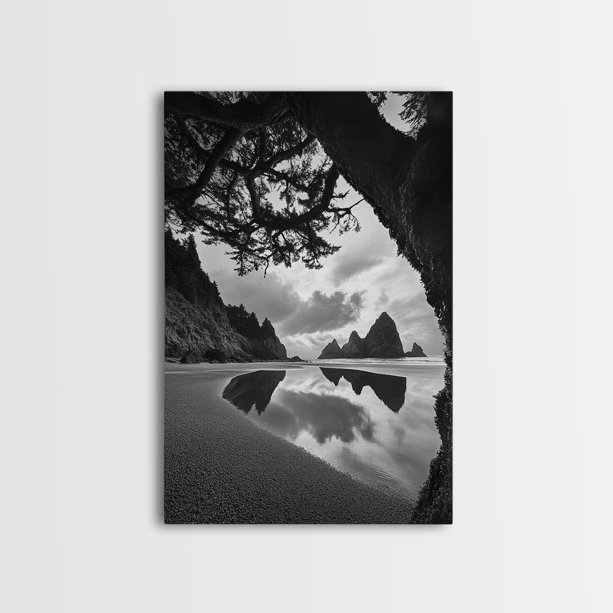 Sea Stacks, Reflected Sky, Dramatic Coastline, Beach Landscape, Canvas Print, Living Room Wall Art, Nature Coastal Decor, moody ocean print