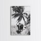 Tropical Bull, Palm Tree, Island Wildlife, Rural Photography, Framed Canvas Print, Kitchen Wall Art, Exotic Boho Decor, farmhouse decor