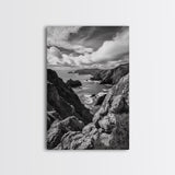 Rugged Cliffs, Ocean View, Coastal Escape, Framed Canvas Print, black and white coastal art, beach house wall decor, moody ocean print