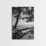 Seaside Bench, Peaceful Escape, Shaded Picnic, Canvas Print, nature photography, coastal wall art, relaxing ocean decor, Minimalist Decor