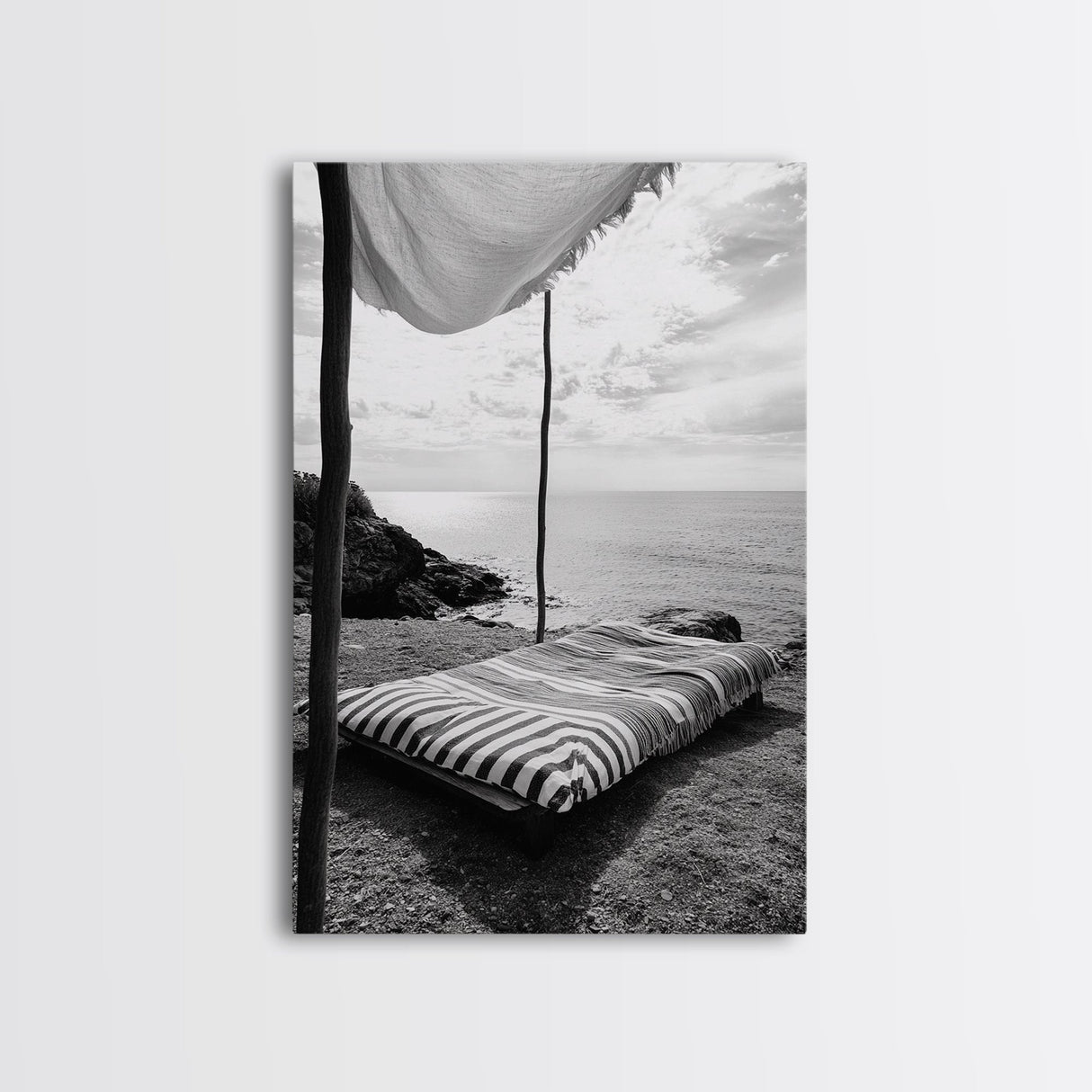 Seaside Nap, Minimal Daybed, Coastal Shade, Serene Moment, Canvas Print, Beach Bedroom Decor, Boho Seaside Art, Coastal Wall Style