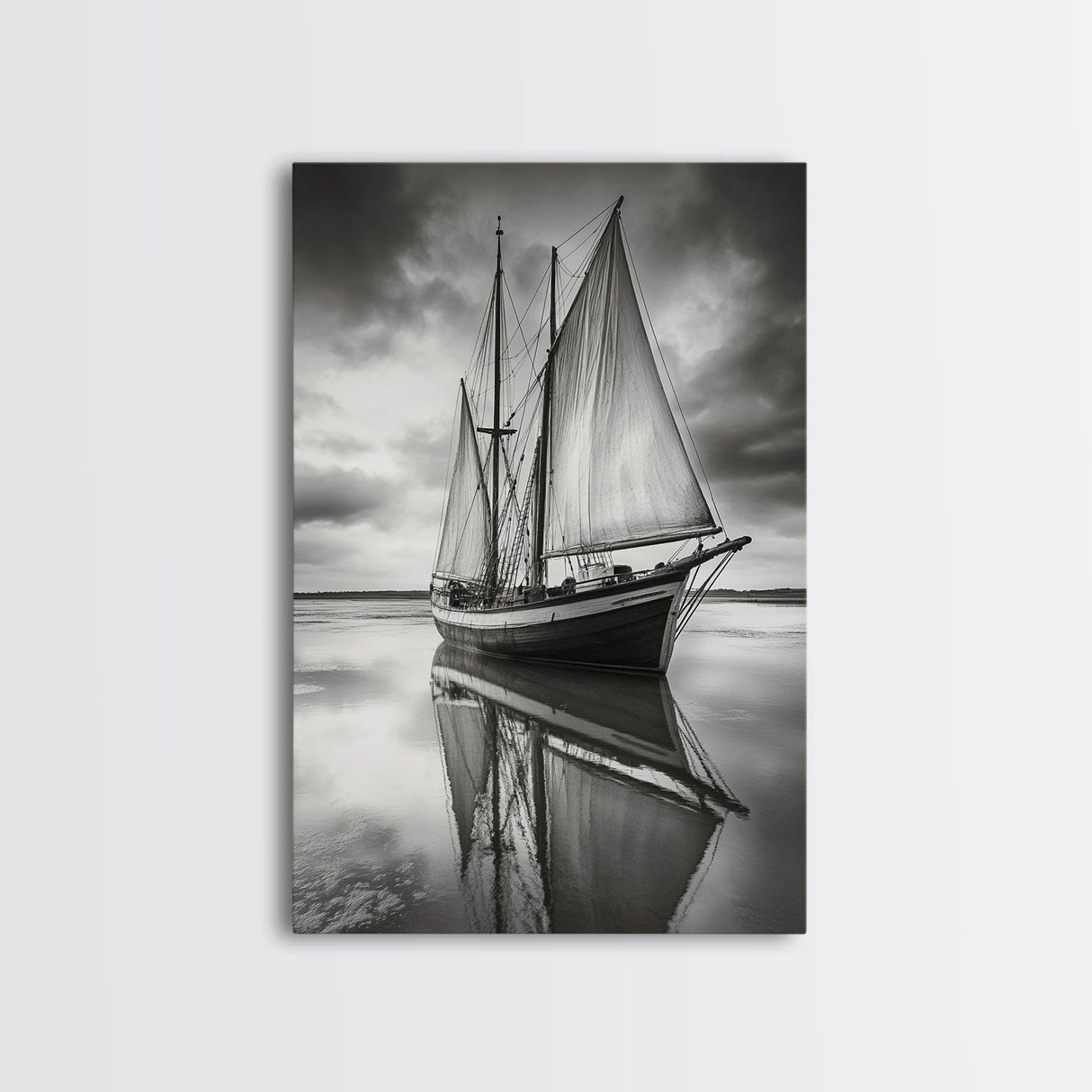Sailboat Reflections, Calm Waters, Stormy Sky, Canvas Print, Nautical Wall Art, Office or Den Decor, Classic Maritime Photography