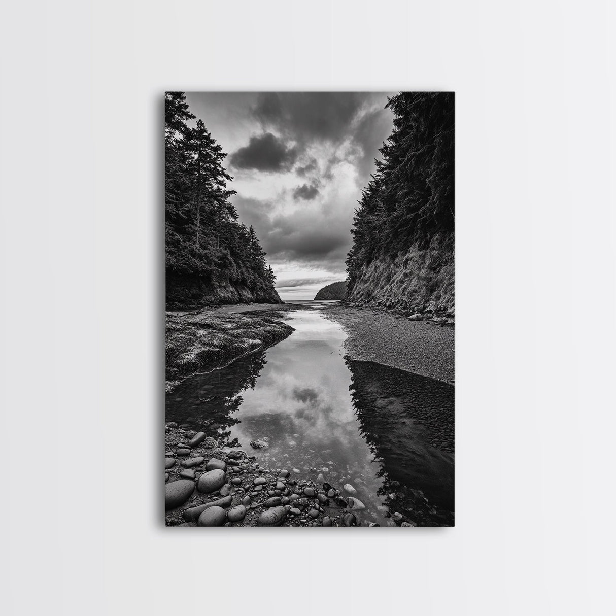 Tide Pool, Forest Reflection, Coastal Calm, Framed Canvas Print, Black White Nature Art, Bathroom or Bedroom Decor, Tranquil Scene