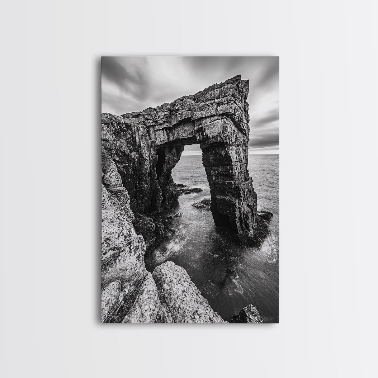 Sea Arch, Coastal Rock, Ocean Cliffside, Canvas Print, Dramatic Nature Wall Art, Living Room or Office Decor, Black White Seascape