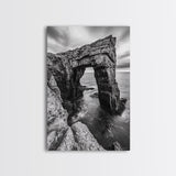 Sea Arch, Coastal Rock, Ocean Cliffside, Canvas Print, Dramatic Nature Wall Art, Living Room or Office Decor, Black White Seascape
