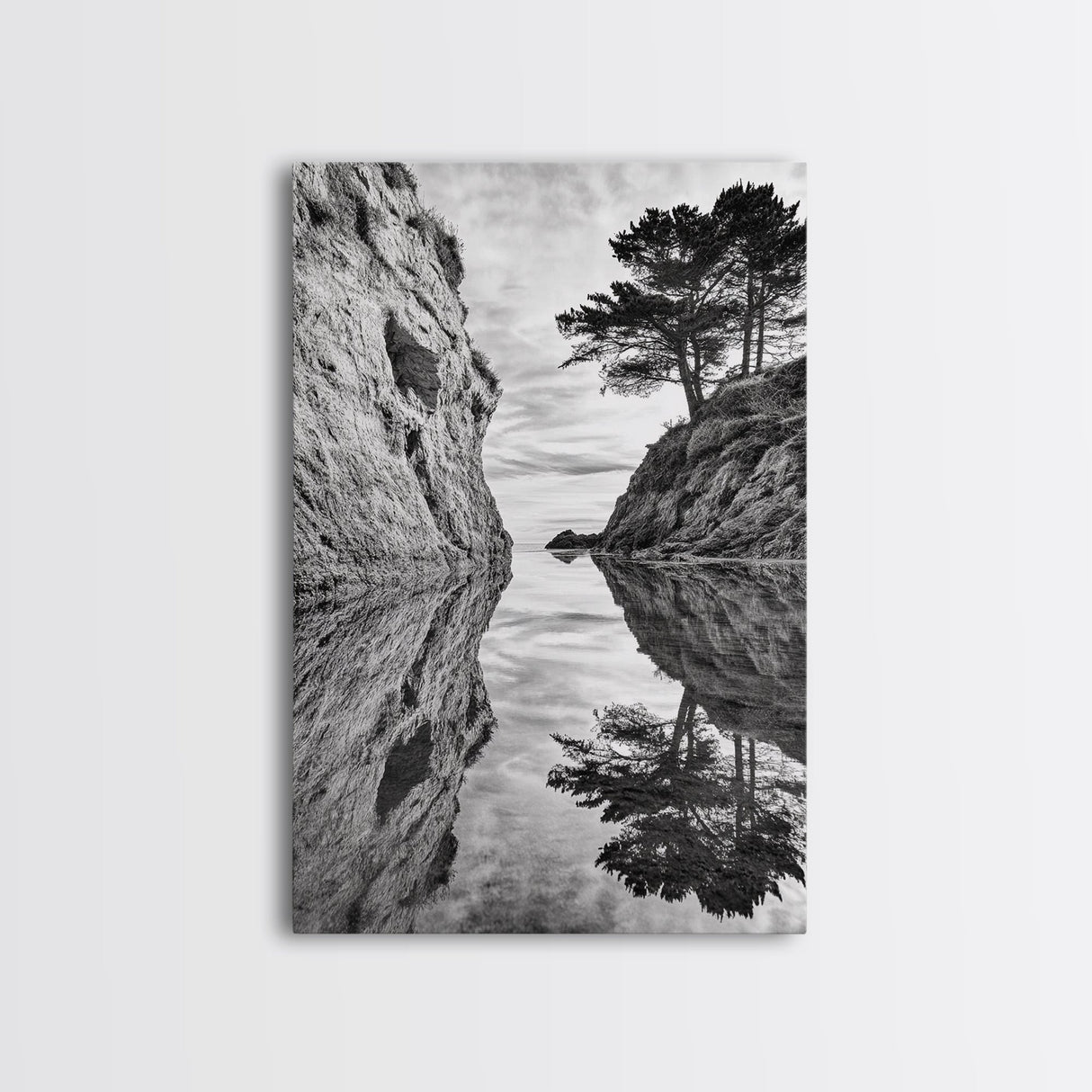 Reflected Trees, Peaceful Cove, Monochrome Seascape, Tranquil Decor, Framed Canvas Print, Zen Wall Art, Entryway Print, Coastal Calm