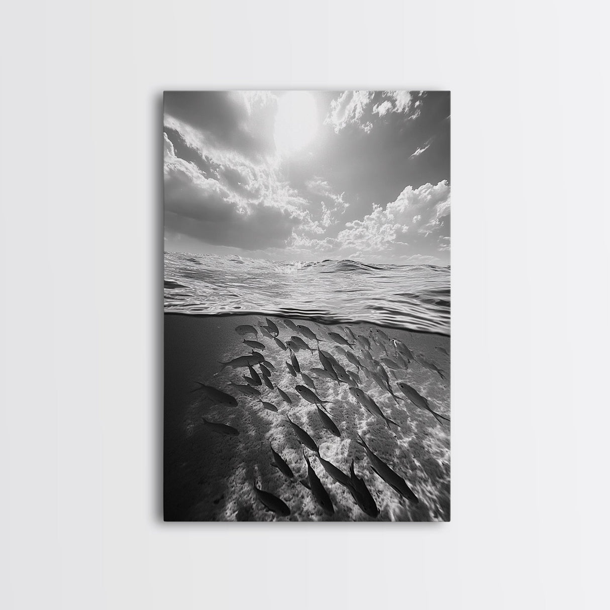 Underwater Scene, School of Fish, Ocean Photography, Split Shot Water, Framed Canvas Print, Bathroom Wall Art, Coastal Decor