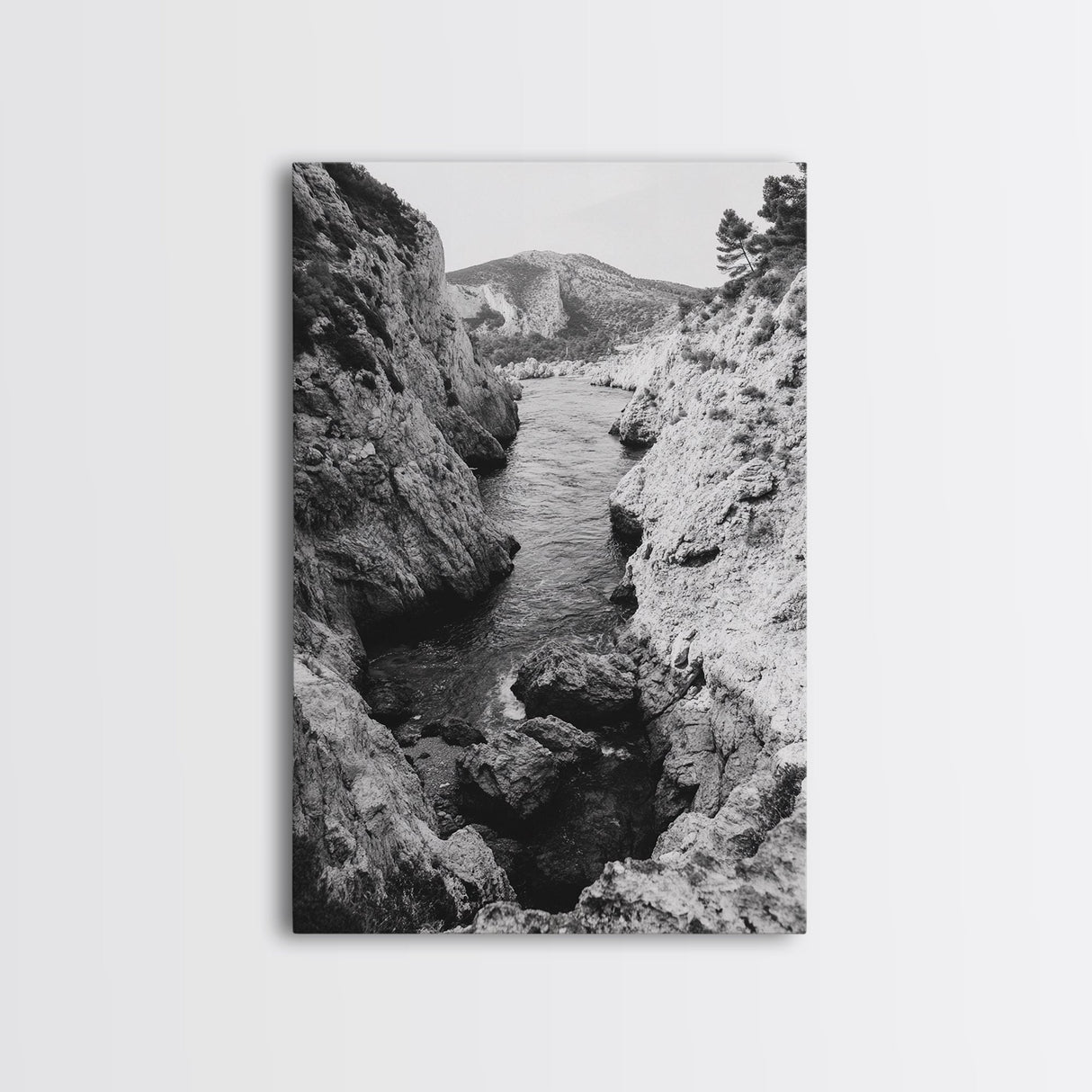 Mountain Gorge, Rugged Canyon, Flowing Stream, Wilderness Explorer, Framed Canvas Print, Cabin Wall Art, Adventurous Rustic Style