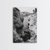 Mountain Gorge, Rugged Canyon, Flowing Stream, Wilderness Explorer, Framed Canvas Print, Cabin Wall Art, Adventurous Rustic Style