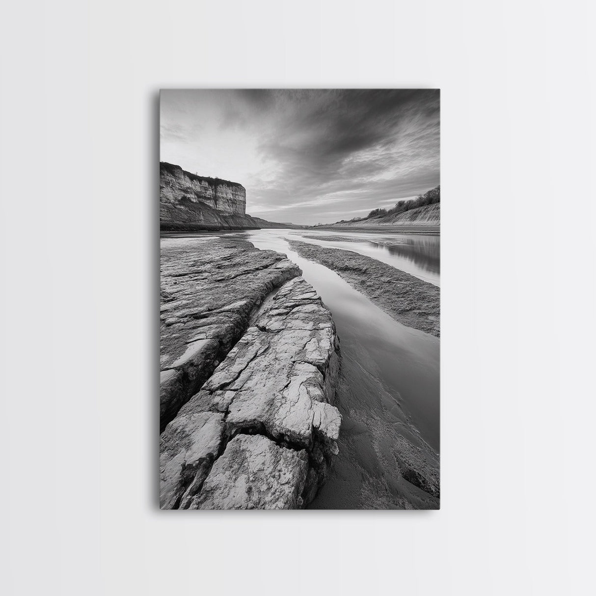 Eroded Riverbed, Desert Rock, Serene Canyon, Long Exposure, Framed Canvas Print, Earth Tones, Dining Room Decor, Nature Inspired