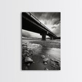 Stormy Bridge, River Rocks, Dramatic Sky, Modern Landscape, Framed Canvas Print, Moody Photography, Office Wall Art, Minimalist Decor