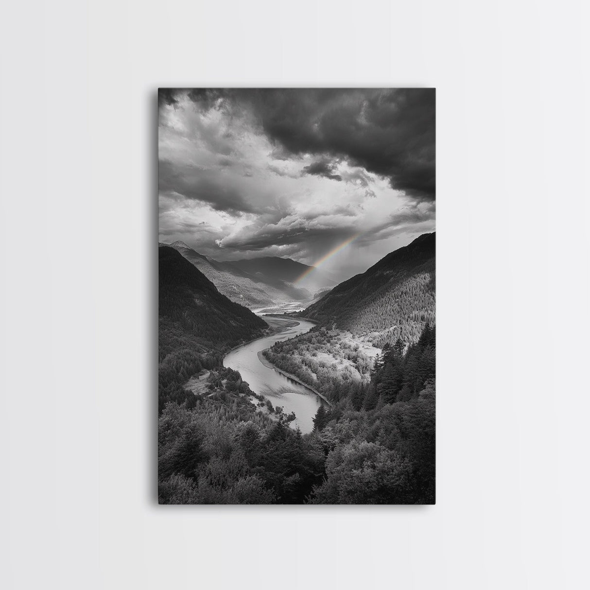 Mountain Valley, Rainbow River, Forest Panorama, Cloud Drama, Framed Canvas Print, Living Room Wall Art, Tranquil Nature, Scenic Beauty