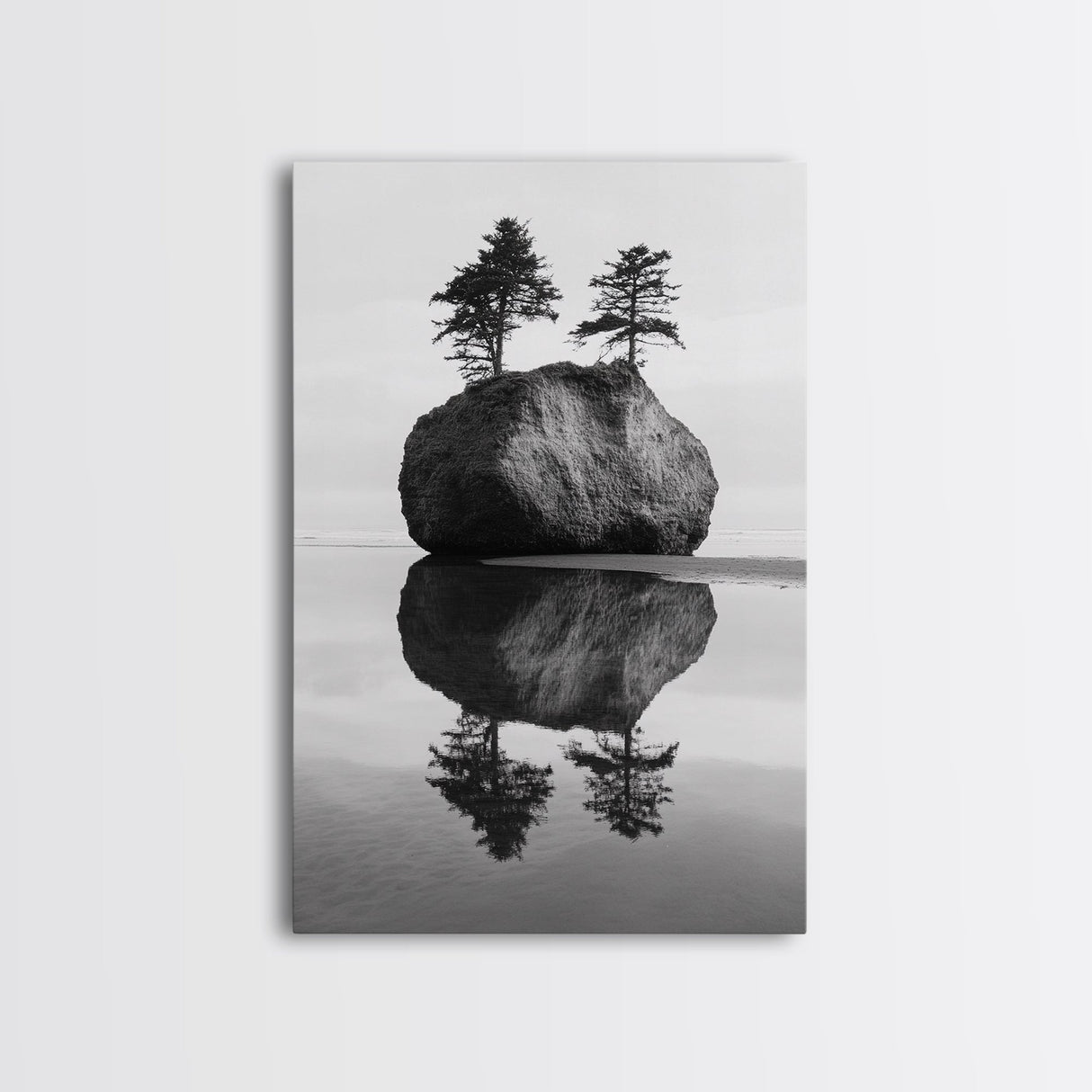 Island Reflection, Twin Trees, Still Water, Minimal Seascape, Framed Canvas Print, Bedroom Wall Art, Zen Decor, Black and White Art