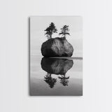 Island Reflection, Twin Trees, Still Water, Minimal Seascape, Framed Canvas Print, Bedroom Wall Art, Zen Decor, Black and White Art