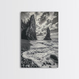 Sea Spires, Ocean Foam, Pebble Shore, Wild Coast, Framed Canvas Print, Living Room Wall Art, Dramatic Landscape, Coastal Home Decor