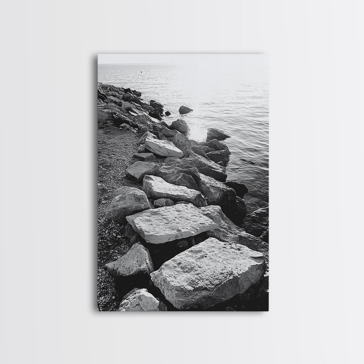 Shore Rocks, Sunlit Ocean, Rugged Texture, Minimal Horizon, Framed Canvas Print, Entryway Wall Art, Beach Decor, Neutral Tones
